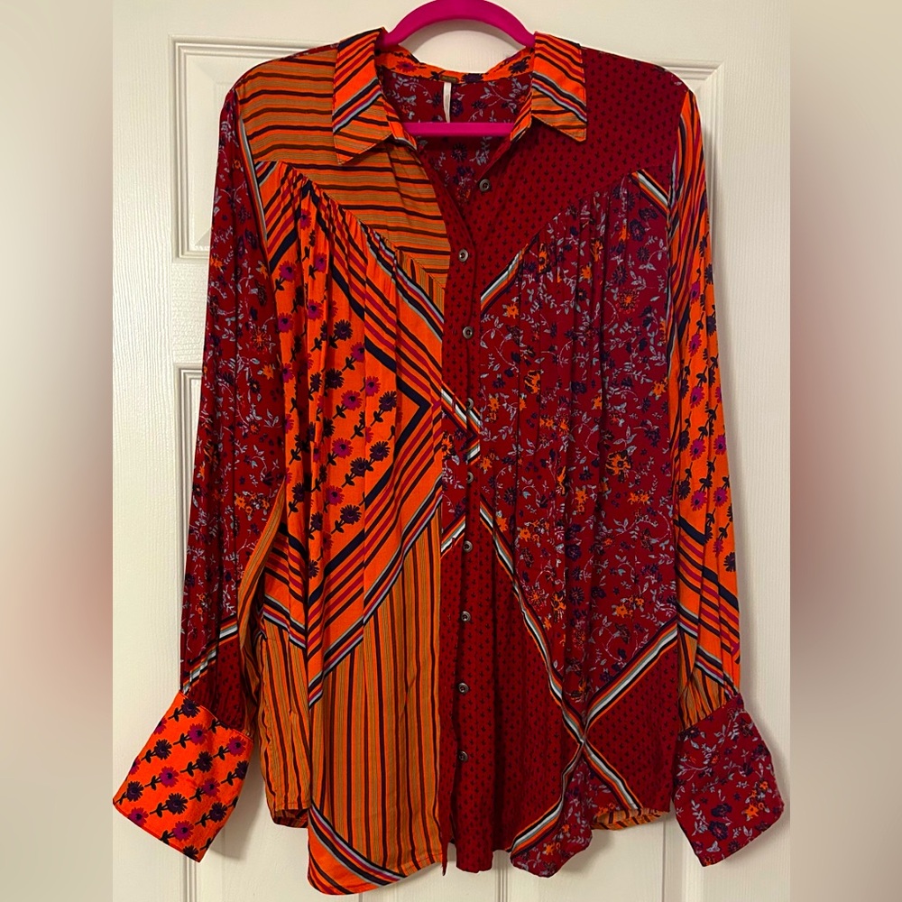 NWOT- Free People Hazel Floral Button up Blouse in Chili Pepper Size XL